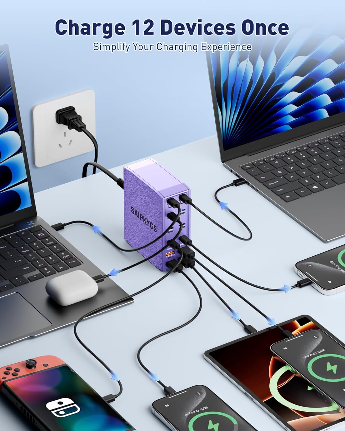 USB Charging Station (600W),12-Port USB C Charger Block with Dual 100W PD USB-C Fast Charging Station Hub for MacBook Pro/Air/All iPad Phone 17/16 15/14/13/Pro Max/Samsung Galaxy Note(Purple) - Roamly