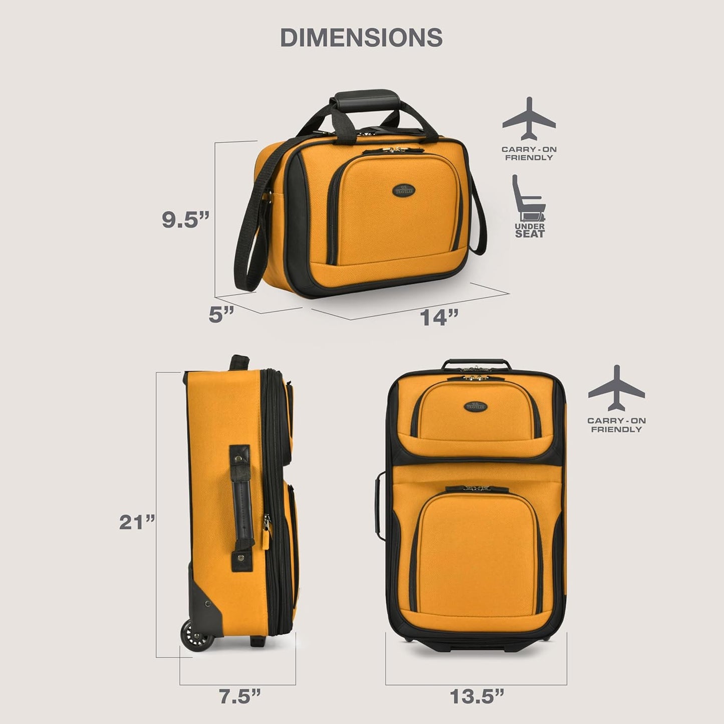 U.S. Traveler Rio Fabric Expandable Carry-on Luggage, Rolling Suitcase, Orange, 2 Wheel Set