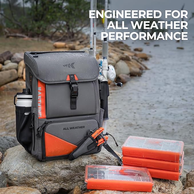 KastKing All Weather Fishing Tackle Backpack with 4 Waterproof Tackle Boxes & Removable Rod Holders,Waterproof ArmorShield Fabric Fishing Bag Storage Fishing Gear