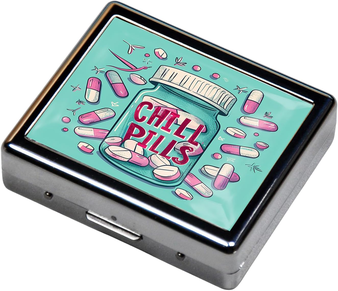 Cute and Portable Metal Pill Organizer – 8 Compartments, Elegant Chrome Finish, Ideal for Travel and Daily Use (Chill Pills Fun)