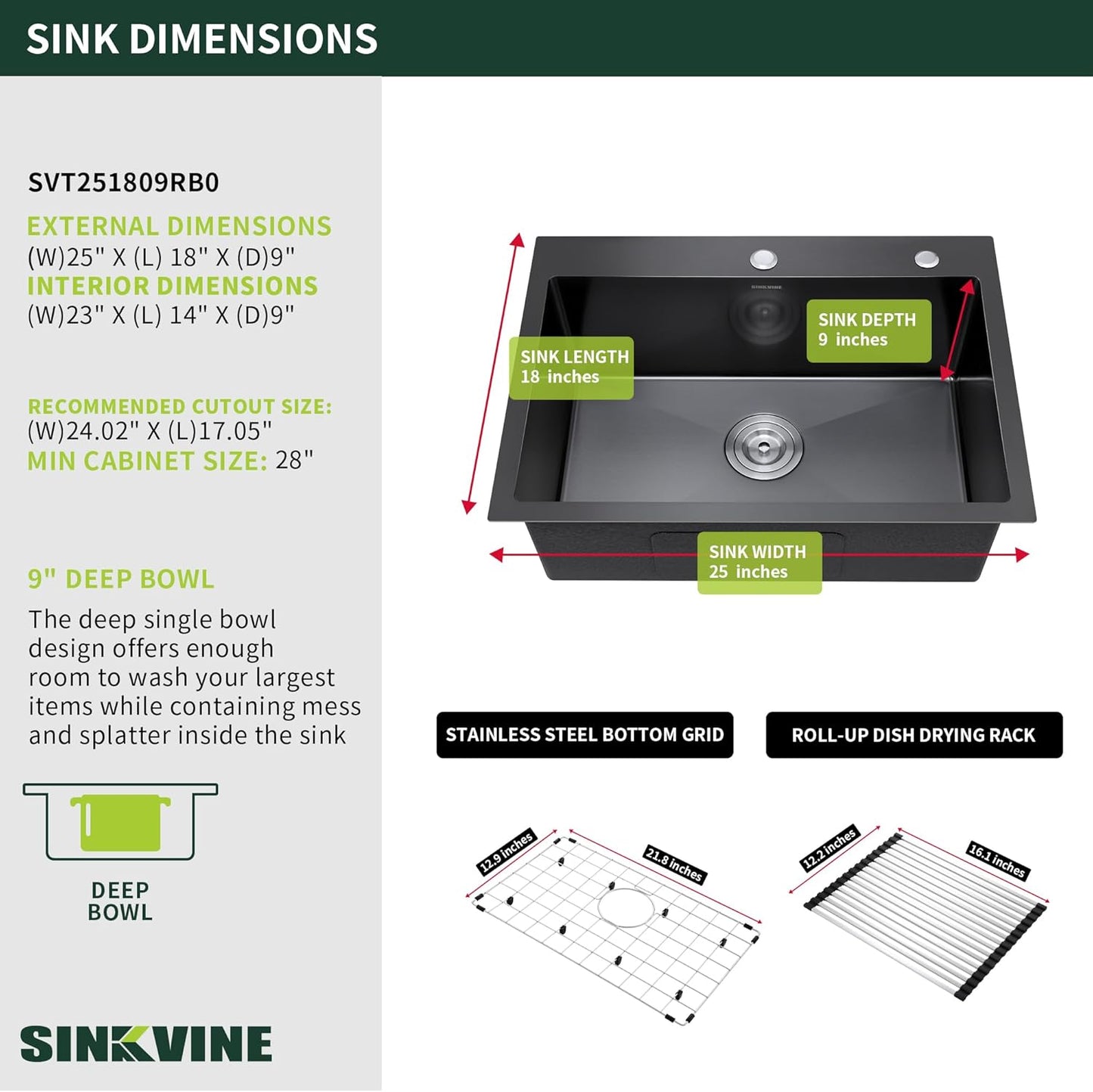 Black Kitchen Sink Drop-In 25 x 18 inch, SINKVINE PVD Nano Stainless Steel Outdoor Sink, Top Mount Large Deep Single Bowl Laundry Basin, w/Drain Strainer, Bottom Grid, Roll-up Drying Unit, Dark Gray