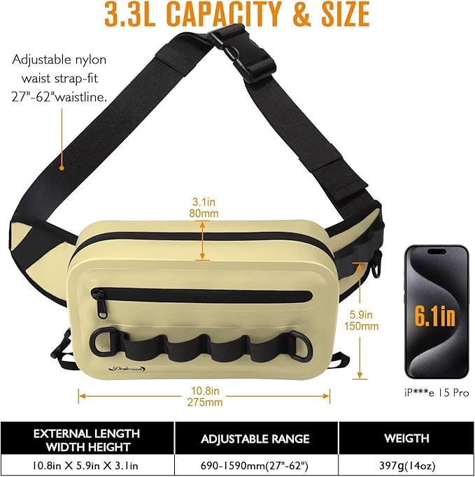 Dovesun Waterproof Fishing Fanny Pack for Men 3.3L Fly Fishing Bag Chest Pack with Airtight Zipper