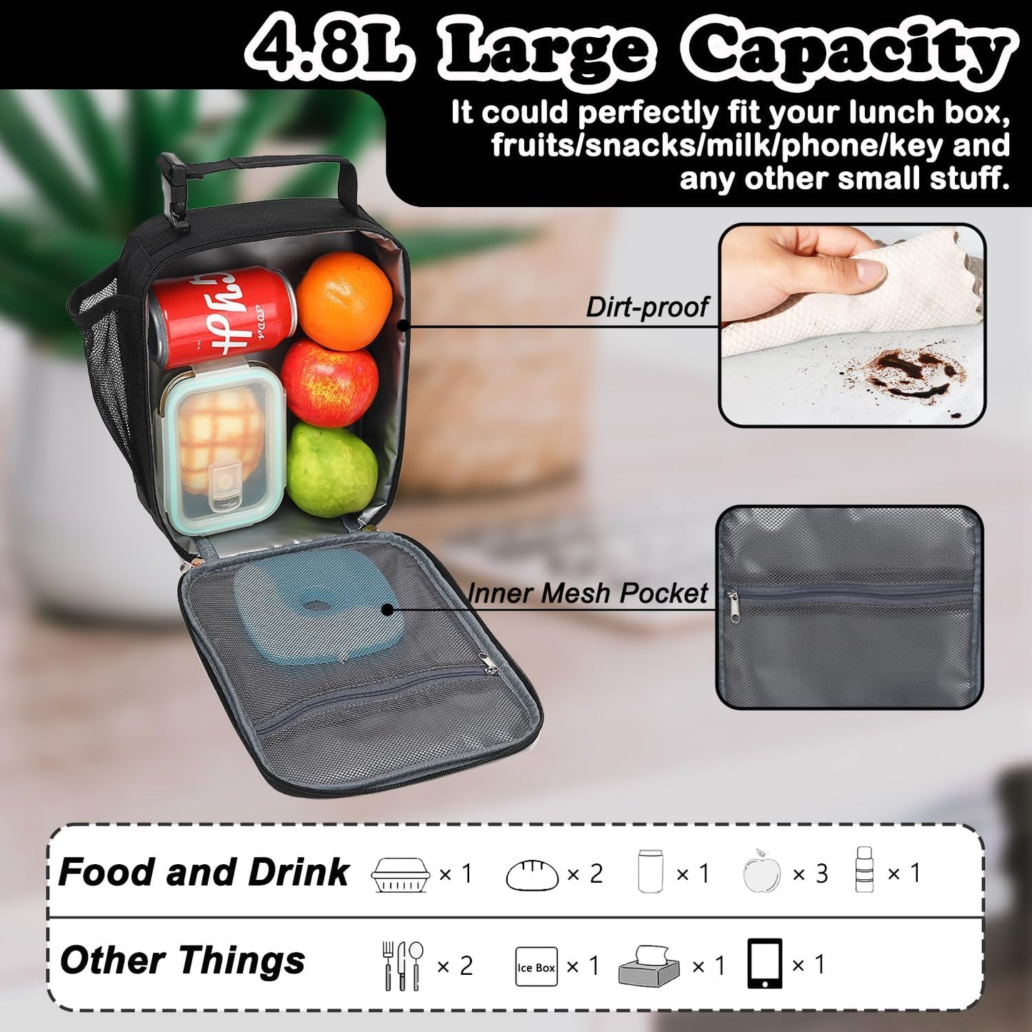 FlowFly Lunch box Insulated Soft Bag Mini Cooler Back to School Thermal Meal Tote Kit With Buckle and Mesh Side Pocket for Girls, Boys, BlackWithLetter