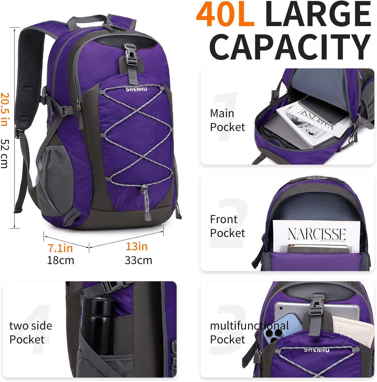 40L Hiking Backpack Lightweight Daypack Waterproof Travel Camping Backpack for Men Women Sport Packable - Roamly