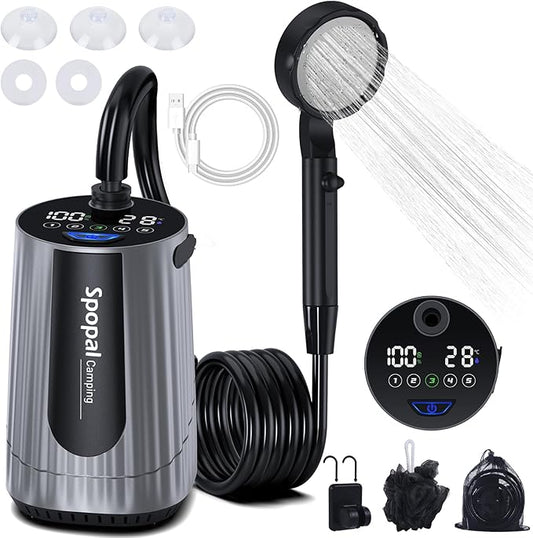 Spopal Portable Shower for Camping, [Upgraded] 10000mAh Rechargeable Camping Shower with 5 Adjustable Speeds,Premium LED Display, IPX8 Waterproof Outdoor Shower Kit for Hiking, Car, Pet, Travel