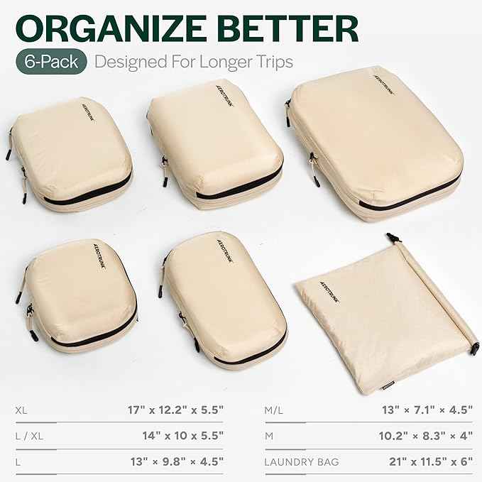 Aerotrunk Ultralight Compression Packing Cubes - Lightweight Travel Organizers for Suitcases and Luggage (6-Pack, Beige)