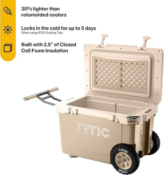 RTIC 52 Quart Ultra-Light Wheeled Hard Cooler Insulated Portable Ice Chest Box for Beach, Drink, Beverage, Camping, Picnic, Fishing, Boat, Barbecue, 30% Lighter Than Rotomolded Coolers
