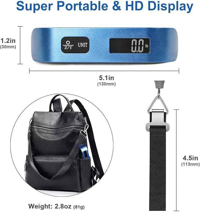 travel inspira Luggage Scale, Portable Digital Hanging Baggage Scale for Travel, Suitcase Weight Scale with Rubber Paint, 110 Pounds, Battery Included