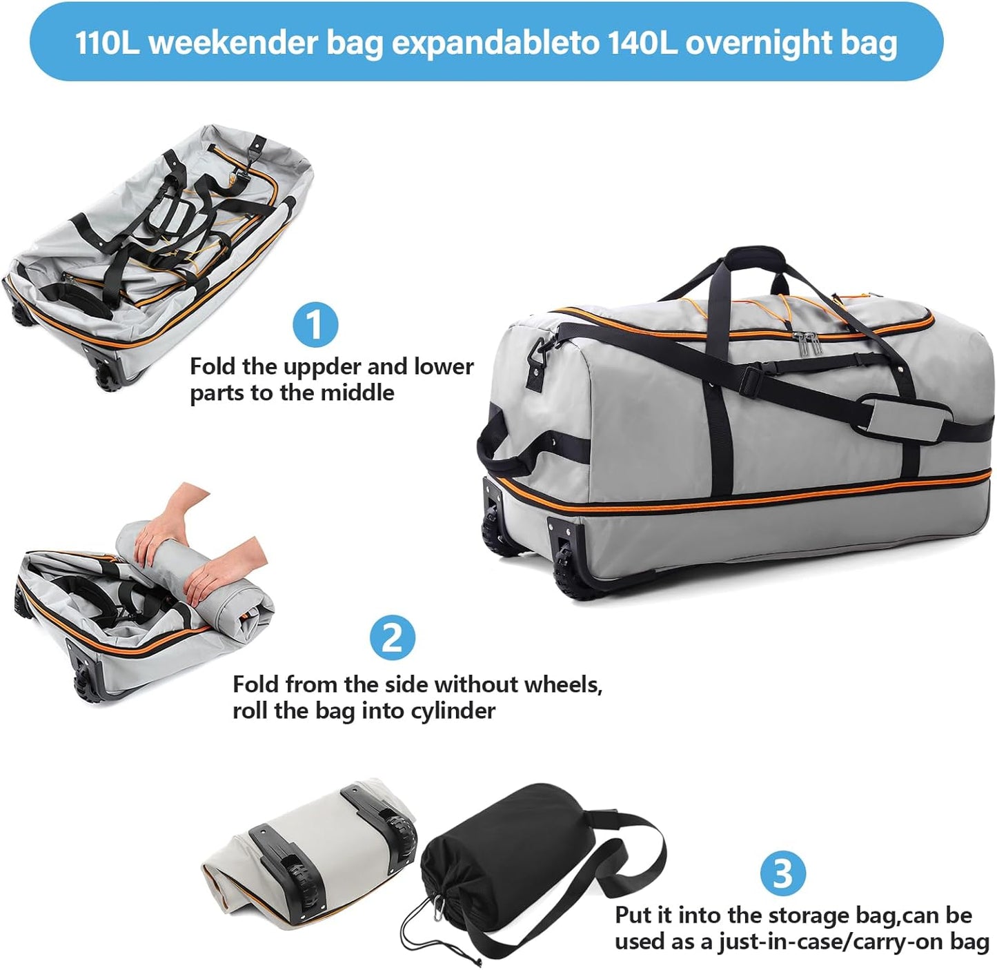 Vomgomfom Wheeled Collapsible Duffel Bag,110L-140L Expandable Checked Luggage, No-Telescopic-Handle with Anti-Burst Zipper & Reinforced Frame,Grey - Roamly