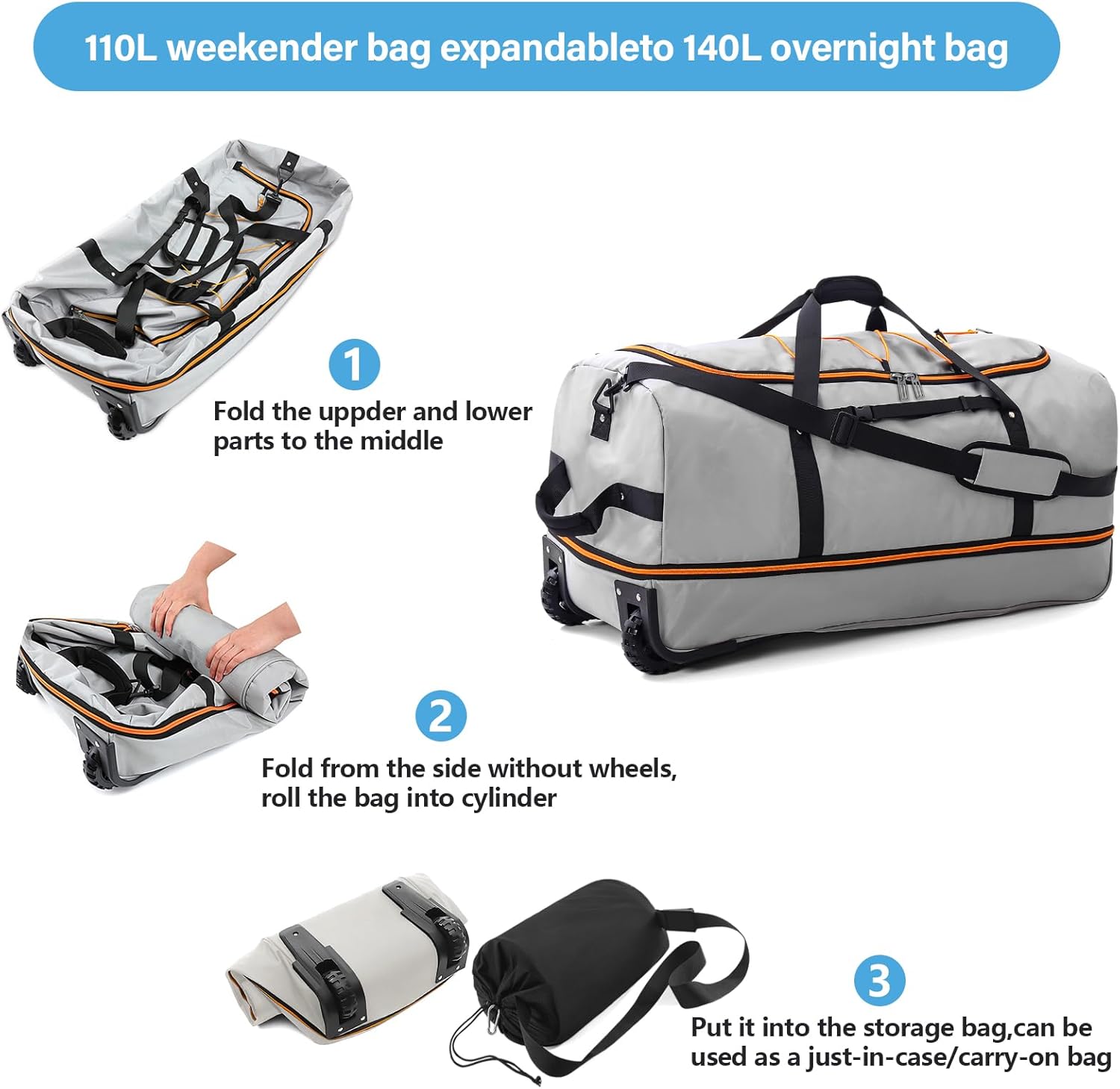 Vomgomfom Wheeled Collapsible Duffel Bag,110L-140L Expandable Checked Luggage, No-Telescopic-Handle with Anti-Burst Zipper & Reinforced Frame,Grey - Roamly