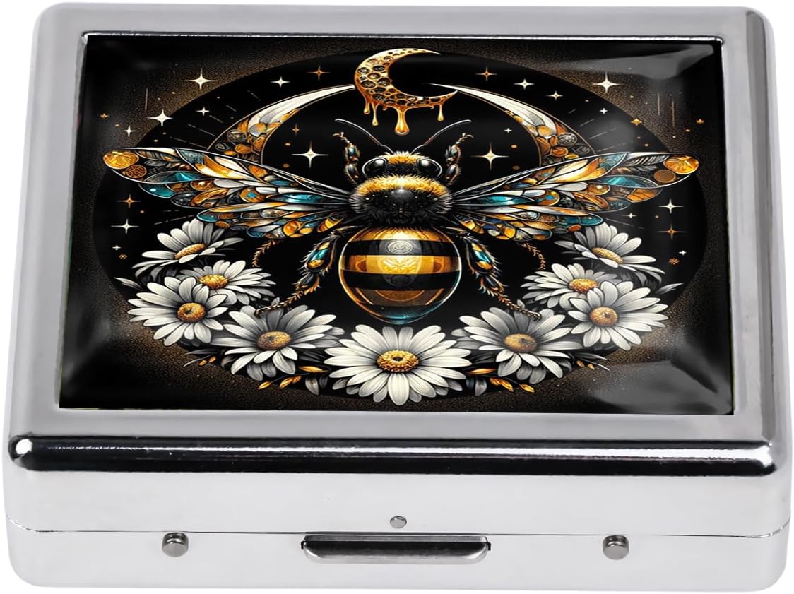Cute and Stylish Metal Pill Box - Compact Portable Pill Organizer with 8 Compartments, Food-Grade Divider, Ideal for Travel, Vitamins, Jewelry, Cosmetics (Celestial Bee)