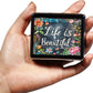 Cute and Portable Metal Pill Organizer – 8 Compartments, Elegant Chrome Finish, Ideal for Travel and Daily Use (Life is Beautiful Floral)
