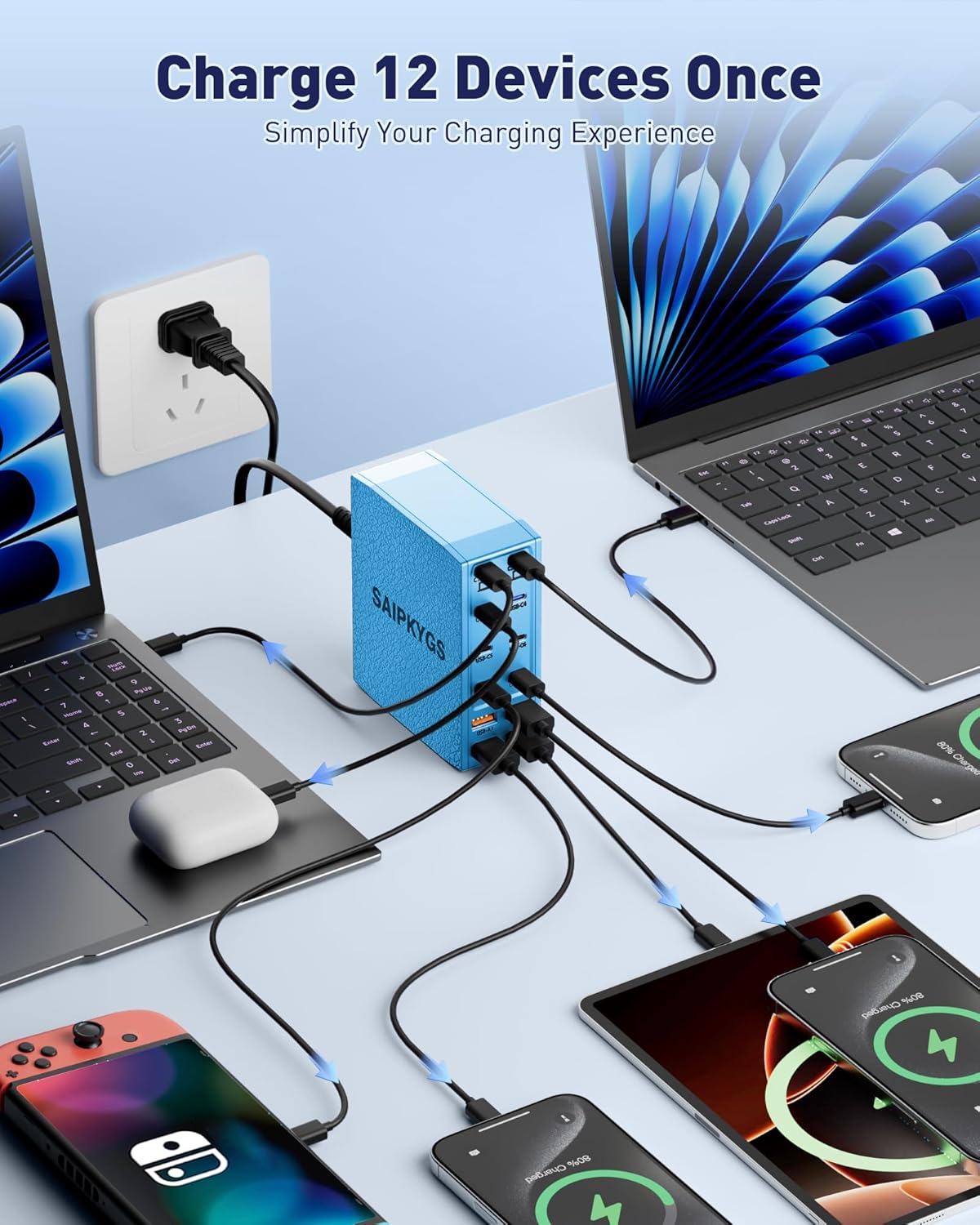 USB Charging Station (600W),12-Port USB C Charger Block with Dual 100W PD USB-C Fast Charging Station Hub for MacBook Pro/Air/All iPad Phone 17/16 15/14/13/Pro Max/Samsung Galaxy Note(Blue) - Roamly