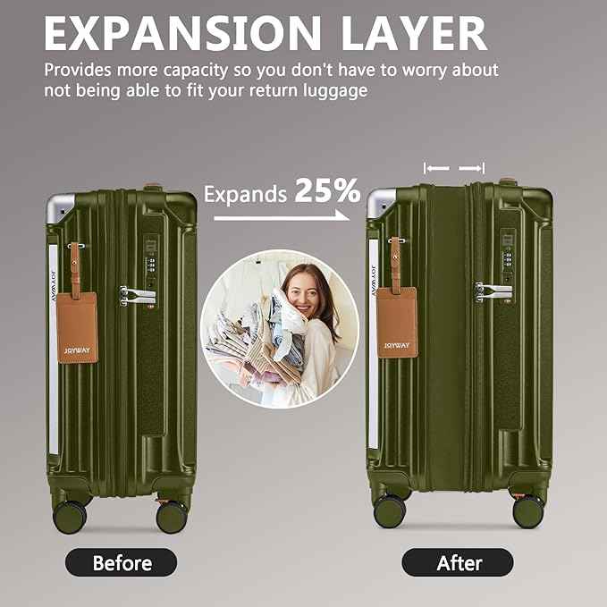 Joyway 20in Carry On Luggage with Cup Holder and USB Port, 25% Expandable Capacity, Smart Suitcase with Anti Slip Wheels and Handbag, Perfect for Men and Women 3 Piece Set DarkGreen