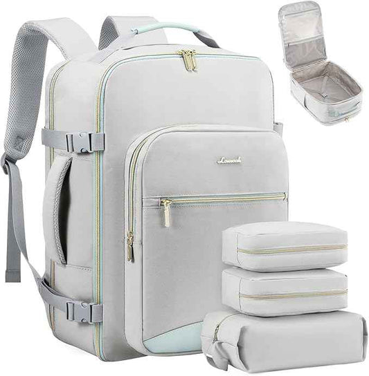 LOVEVOOK Travel Backpack for Women & Men 40L,Airline Approved Carry On Backpack Travel Essentials,TSA Carry on Luggage,Waterproof Personal Item Travel Bag,Suitcase with 3 Cubes,Light grey-Mint green