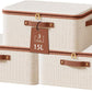Tuza 3 Pcs Rigid Storage Bins with Zipper Lid, Cotton Linen Fabric Storage Boxes, Foldable Shelves Clothes Storage Cubes with Handles for Wardrobe, Closet(Beige, 15L)