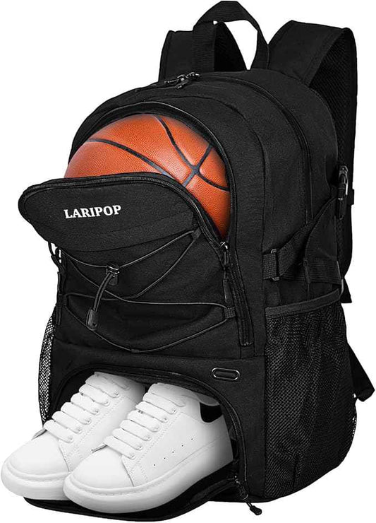 LARIPOP Basketball Bag, Sports Backpack with Ball Holder & Shoe Compartment, Water Resistant Gym Bag for Soccer Volleyball Travel