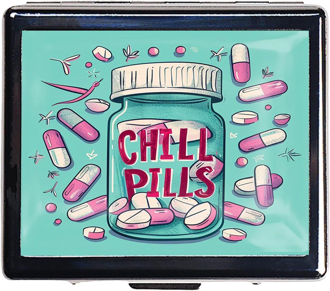 Cute and Portable Metal Pill Organizer – 8 Compartments, Elegant Chrome Finish, Ideal for Travel and Daily Use (Chill Pills Fun)