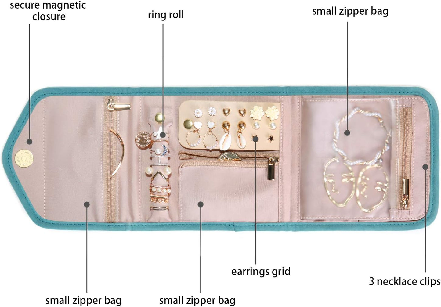 BAGSMART Travel Jewelry Organizer Case Foldable Jewelry Roll for Journey Rings, Necklaces, Earrings, Bracelets,Mini,Teal
