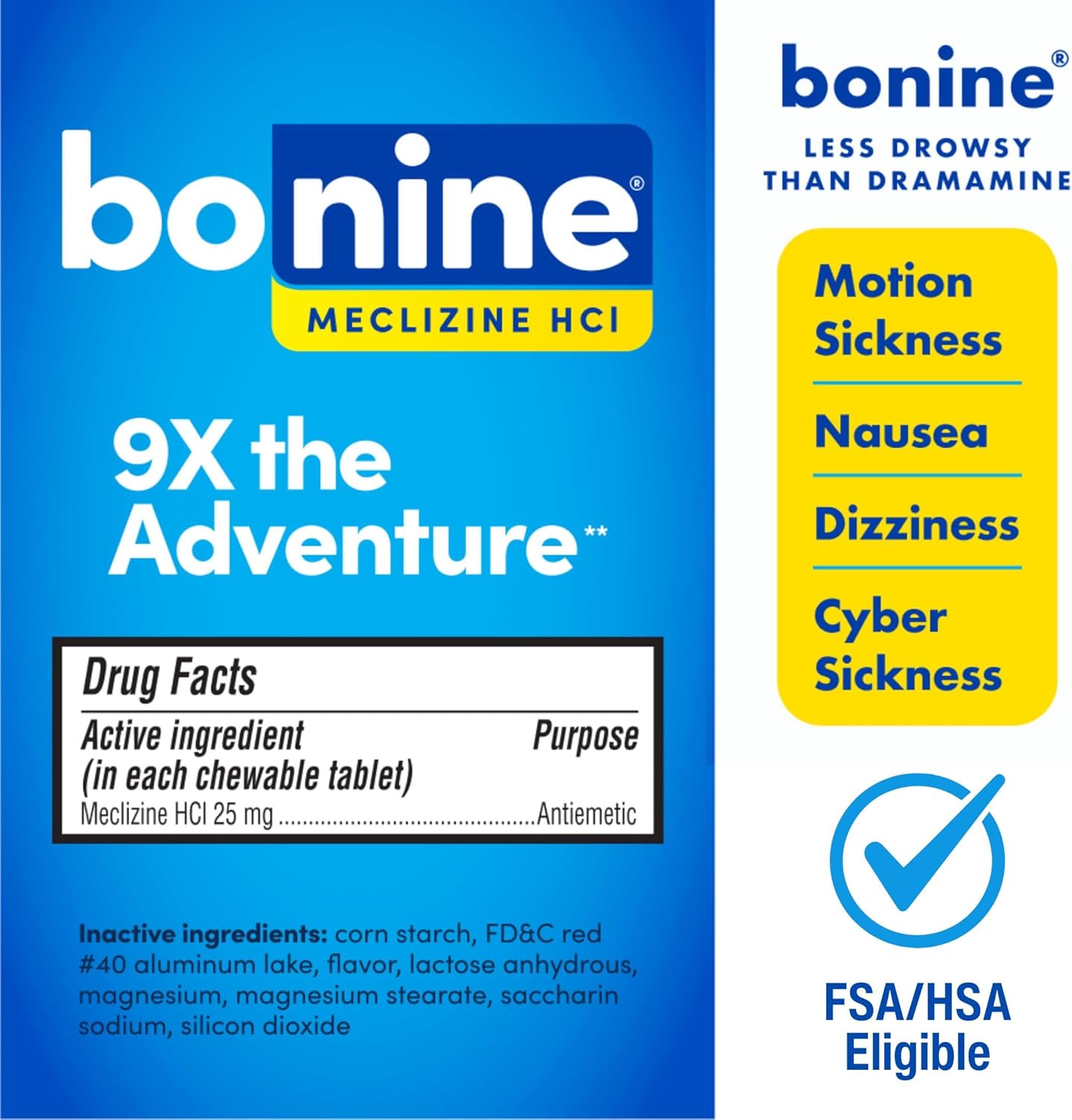Non-Drowsy Bonine for Motion Sickness Relief, Sea Sickness, Car Sickness, Nausea, & Vomiting - Meclizine HCI 25mg, Travel-Sized - 16ct Raspberry Chewable Tablets (Packaging May Vary)