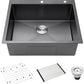 Black Drop-In Kitchen Sink 25 x 22 inch, SINKVINE PVD Nano Stainless Steel Sink for Laundry Outdoor, with Top Mount Large Deep Single Bowl, Drain Strainer, Bottom Grid, Roll-up Drying Unit, Dark Gray