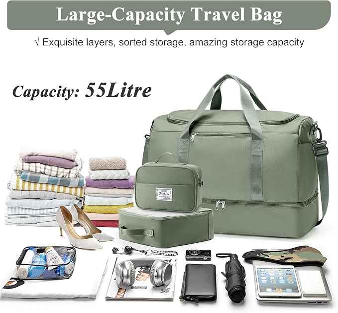 Extra Large Travel Duffle Bag,Carry on Overnight Weekend Bag with Shoes Compartment,Weekender Bags for Women for Travel Business Trips Sport Hospital,3 Pcs Set,Olive Green