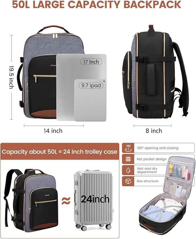 LOVEVOOK 50L Travel Backpack for Women & Men, Airline Approved Carry On Luggage with 3 Packing Cubes, TSA Overnight Bags, Waterproof Personal Item Bag, Weekender Essentials Backpacks fits 17" Laptop