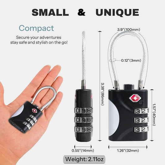 TSA Approved Luggage Locks - Small Combo Travel Padlock with Cable, TSA 007 Suitcase & Backpack Security, Durable & Easy to Use (Black+Silver)
