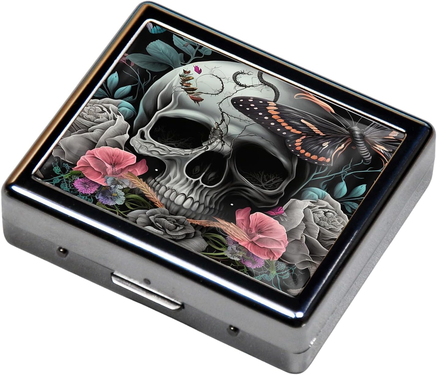 Silver Vintage Pill Box 7 Day Metal Pill Box with Mirror and 8 Compartments Cute Travel Pill Organizer for Purse (Butterfly Bush Skull)