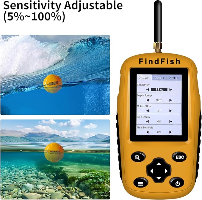 Fish Finder Portable Wireless Sonar & Radio Sensor Depth Finder with Fish Size, Water Temperature, Bottom Contour, Color LED Display Black/White Model fit for Boats Kayaks Fishing