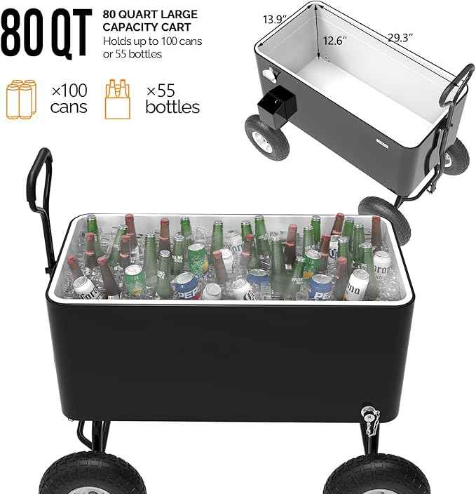 VINGLI 80 Quart Wagon Rolling Cooler Ice Chest, w/Long Handle and 10" Wheels, Portable Beach Patio Party Bar Cold Drink Beverage, Outdoor Park Cart on Wheels