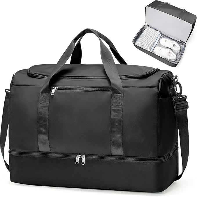 Large Travel Duffle Bag,Carry on Overnight Weekend Bag with Shoes Compartment,Weekender Bags for Women for Travel Business Trips Sport Hospital,Black