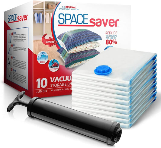 10 Pack Jumbo Vacuum Storage Bags for Comforters, Blankets & Clothes – Jumbo Vacuum Sealed Compression Bags with Hand Pump – Space Saver Storage Bags for Bedding, Moving, Travel & Organization