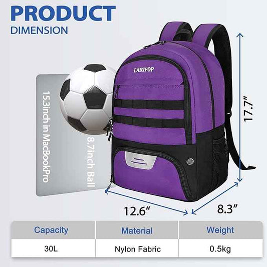 LARIPOP Soccer Backpack Soccer Bag with Ball Holder & Shoe Compartment Youth Sports Equipment Training Bag