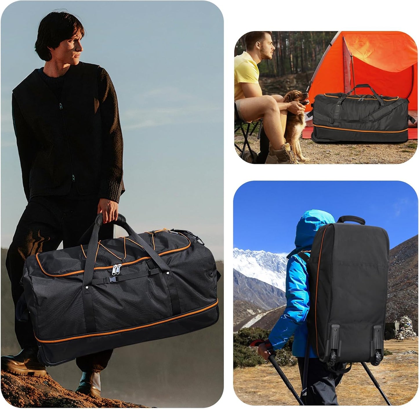 Vomgomfom 32" Soft-Sided Foldable Wheeled Travel Duffel Bag,Expandable 110L to 140L Rolling Cargo Bag with 2 Wheels and Multiple Pockets,Black-orange - Roamly