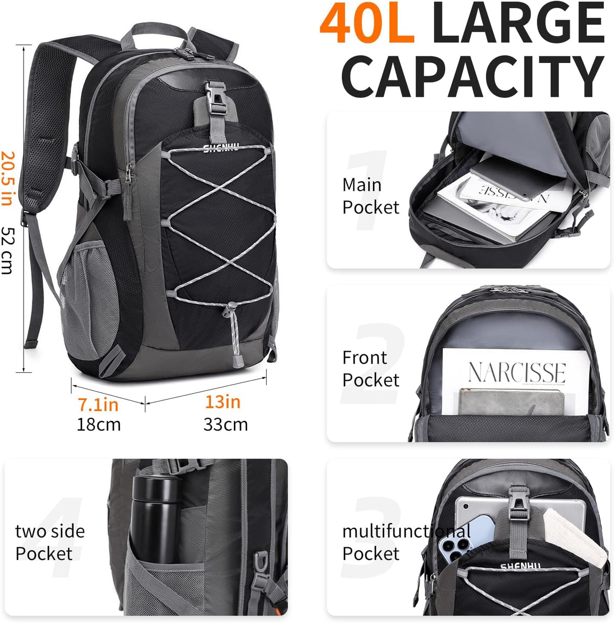 40L Hiking Backpack Lightweight Daypack Waterproof Travel Camping Backpack for Men Women Sport Packable - Roamly