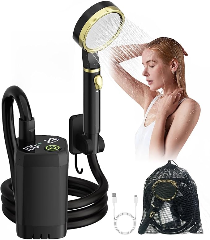 Portable Shower for Camping, Rechargeable Camping Shower Pump with LED Display of Battery Level and Temperature, Lasting-180 Mins, Suitable for Outdoor Shower, Pet Bath, Car Washing