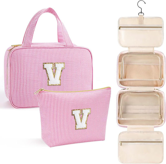 YOOLIFE Travel Toiletry Bag for Women - Hanging Toiletry Bag Makeup Bag, Portable Toiletries Cosmetic Bag, Airplane Travel Essentials - Letter V, Pink