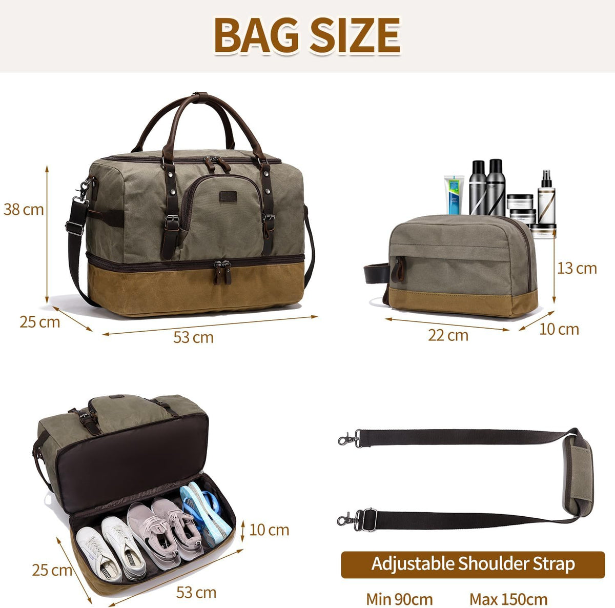 Nerlion Green Large Weekender Overnight Duffel Bag with Shoe Compartment and Leather Accents - Roamly