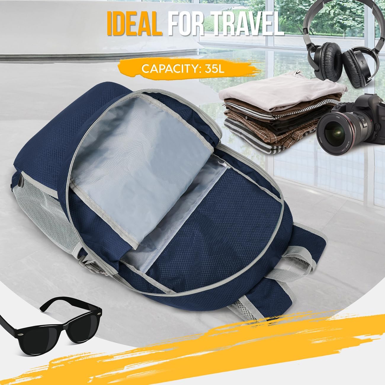 ZOMAKE Lightweight Packable Backpack 35L, Light Foldable Backpacks Water Resistant Collapsible Hiking Bag, Compact Folding Day Pack for Travel Camping(Navy Blue) - Roamly