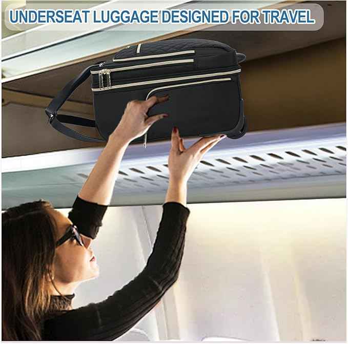 EMPSIGN Underseat Carry On Wheeled - 16" Carry on Bag with Wheels Multi-functional Lightweight Rolling Bag Overnight Weekender Small Suitcase for Women Men Travel Business, Black-Gold Zipper
