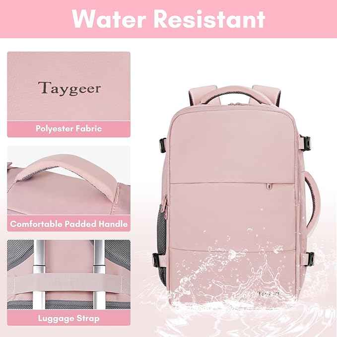 Taygeer Travel Backpack for Women, Carry On Backpack with Water Bottle Pocket & Shoe Pouch, TSA 15.6inch Laptop Mochila Flight Approved, Nurse Bag Casual Daypack for Weekender Business Hiking, Pink