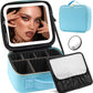 Makeup Organizer Bag with Mirror, Lighted Travel Makeup Bag 3 Colors Modes, Cosmetic Bag Make up Organizer with Mirror and Light, Makeup Train Case Portable Cosmetic Storage Case Gifts(Blue)
