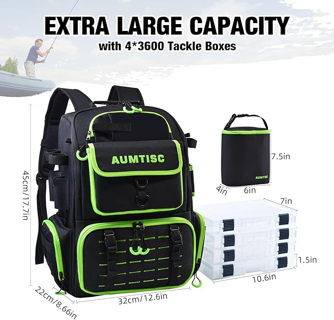 AUMTISC Fishing Tackle Backpack, Fishing Backpacks with 2 Rod Holders, Waterproof Bag Backpack with 4 Tackle Boxes, Rain Cover & Small Insulated Bag, Large Fishing Backpacks for Fish Gear & Equipment