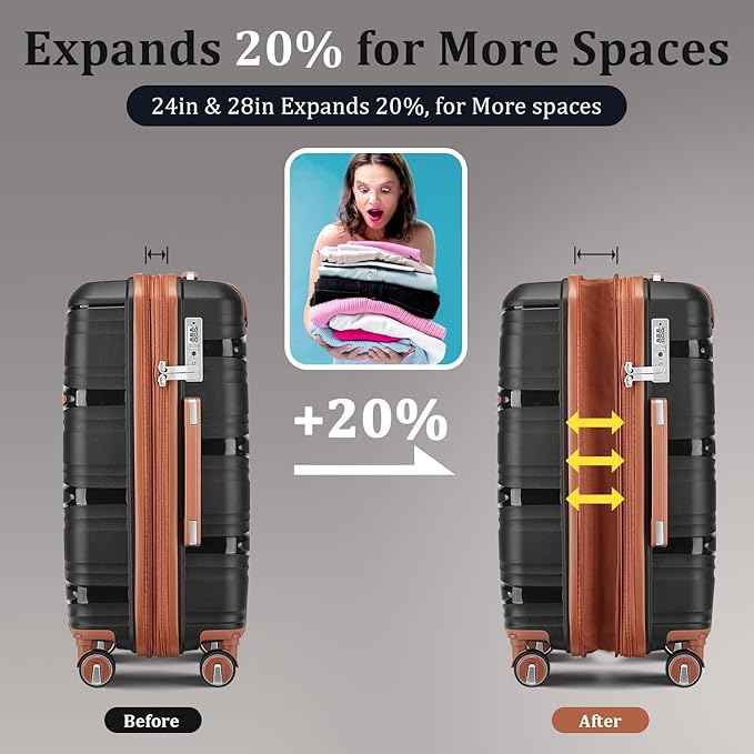 4 Piece Expandable Hardshell Pink Luggage Sets with Spinner Wheels, Lightweight Travel Suitcase Set with TSA Locks, 20 inch Carry On for Women (Black, 4 Piece Set)
