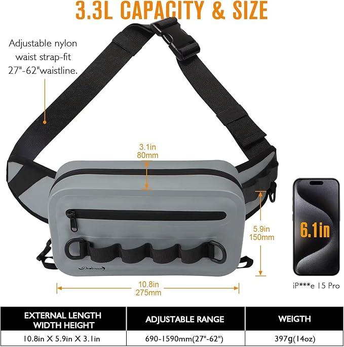 Dovesun Waterproof Fishing Fanny Pack for Men 3.3L Fly Fishing Bag Chest Pack with Airtight Zipper