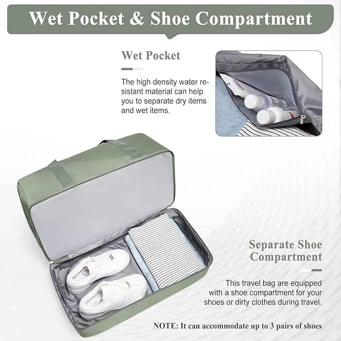 Extra Large Travel Duffle Bag,Carry on Overnight Weekend Bag with Shoes Compartment,Weekender Bags for Women for Travel Business Trips Sport Hospital,3 Pcs Set,Olive Green