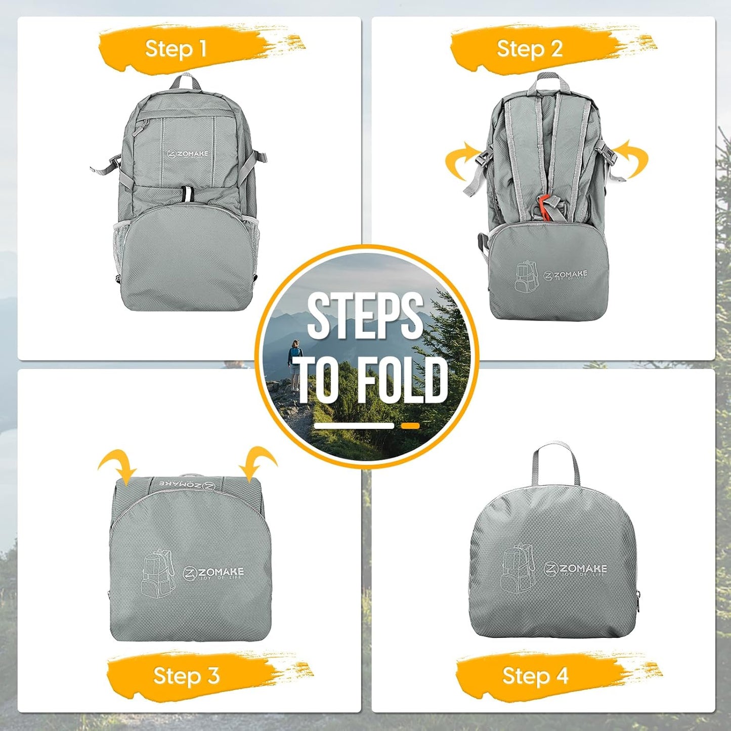 ZOMAKE Lightweight Packable Backpack 35L, Light Foldable Backpacks Water Resistant Collapsible Hiking Bag, Compact Folding Day Pack for Travel Camping(Sliver Grey) - Roamly