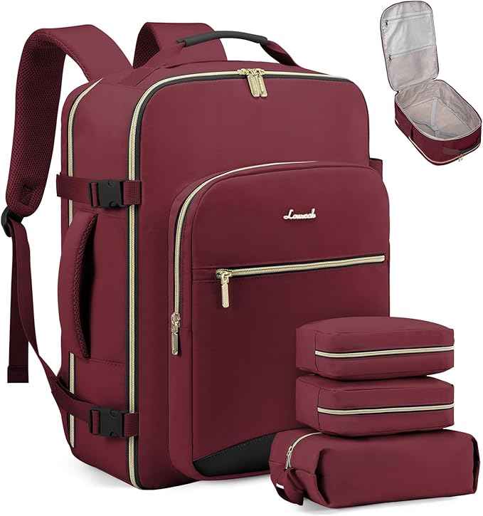 LOVEVOOK Travel Backpack for Women & Men 40L,Airline Approved Carry On Backpack Travel Essentials,TSA Carry on Luggage,Waterproof Personal Item Travel Bag,Suitcase with 3 Packing Cubes,Wine red-Black