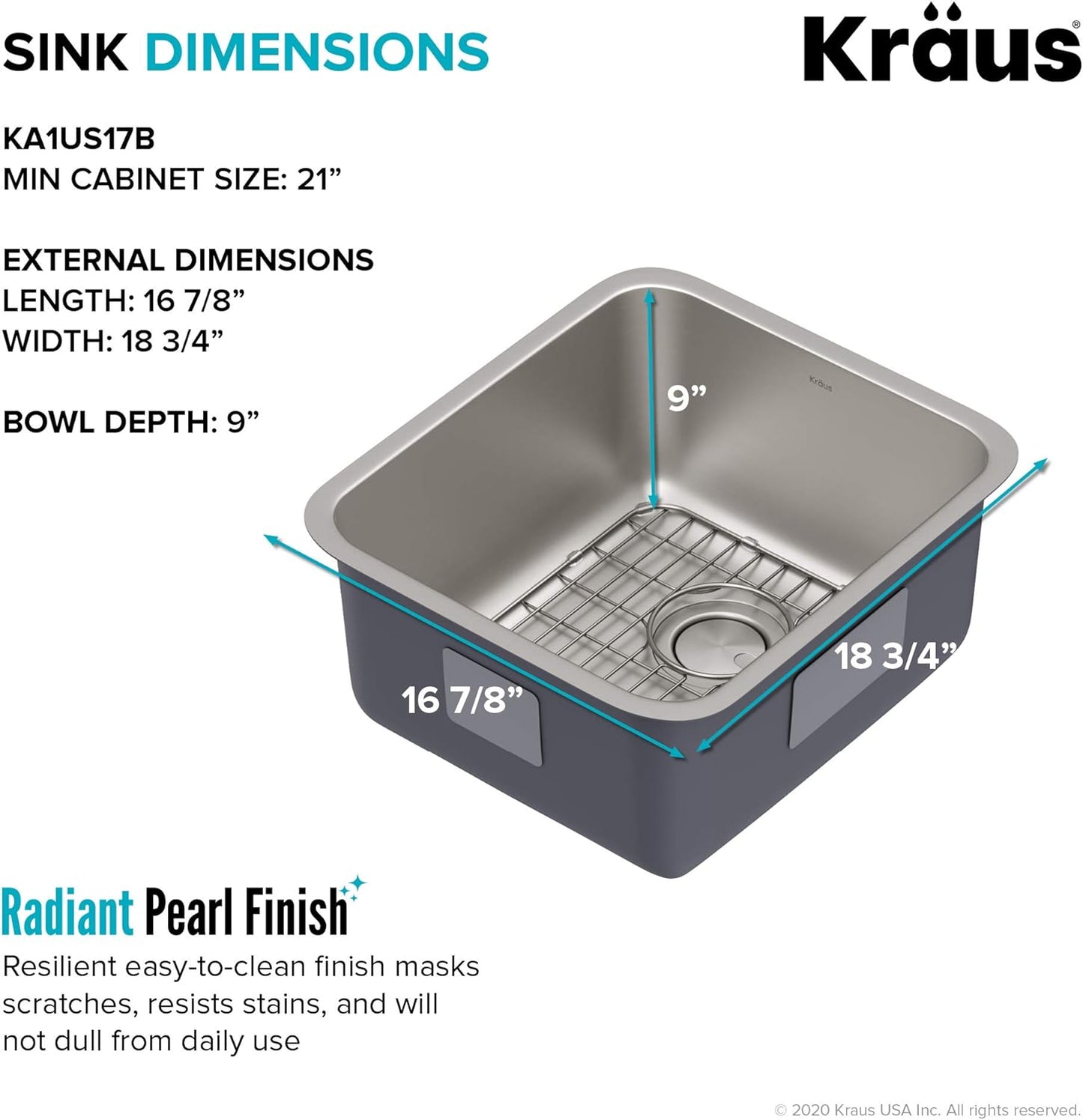 KRAUS Dex 17-inch Undermount 16 Gauge Stainless Steel Single Bowl Kitchen Sink, KA1US17B